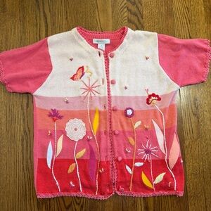 ARRIVISTE Vintage Pink Floral Short Sleeve Button Down Sweater Size Small